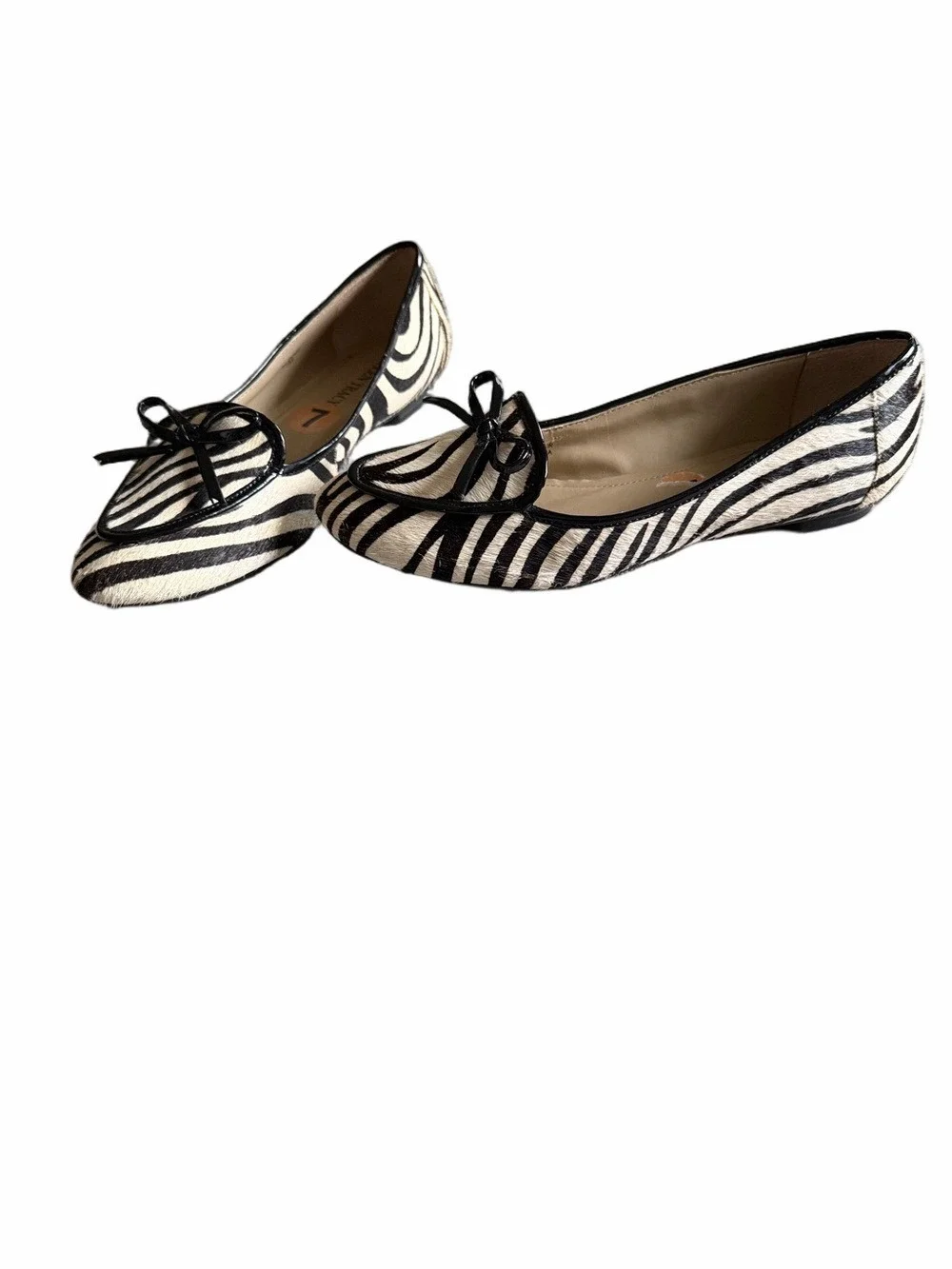 Ellen Tracy Zebra Print Cow Hair Ballet Flats Loafers Black White Bow Size 7